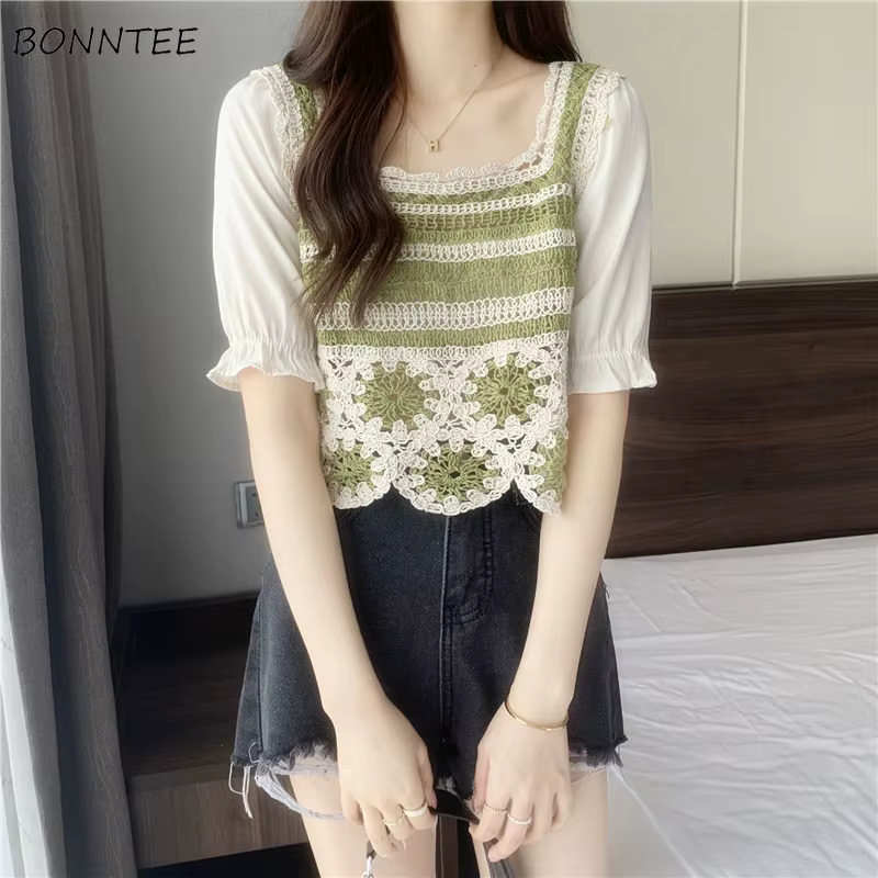 Chemisiers à manches courtes bouffantes pour femmes, tenue de loisirs assortie, en dentelle droite,