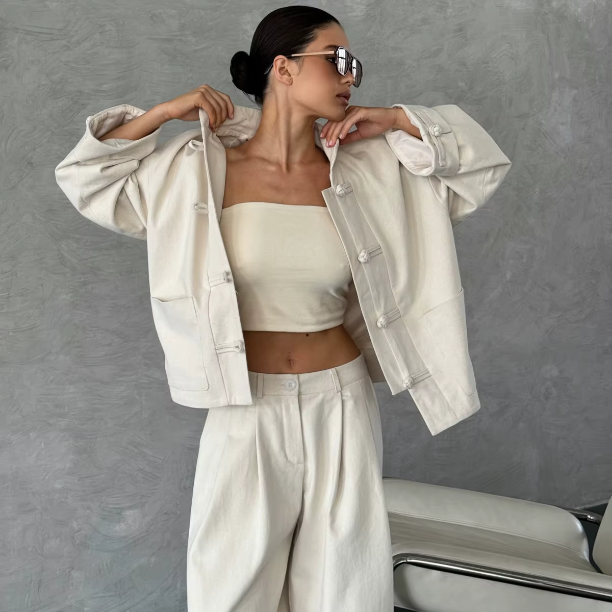 VTKW 2026 Nouvel ensemble veste et pantalon pour femme style chinois, col mandarin, boutons grenouil