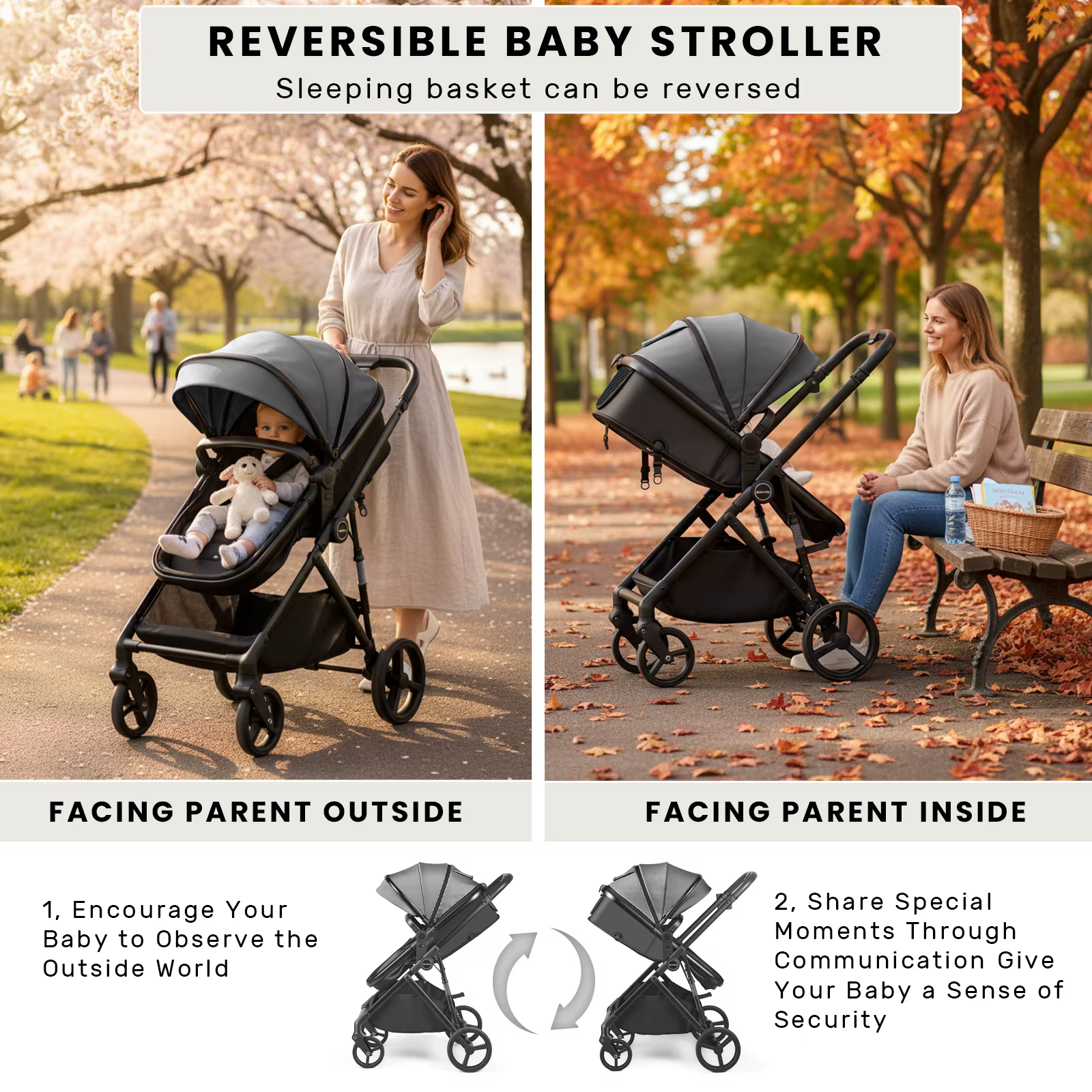 Poussette pour bébé 2 en 1, landau pliable avec siège réversible, auvent réglable, panier de rangeme