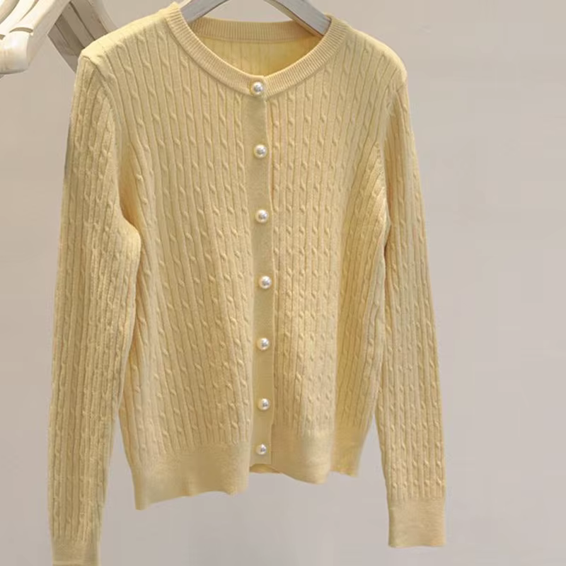 Élégant à manches longues tricots hauts femmes automne hiver simple boutonnage pull col rond épais c