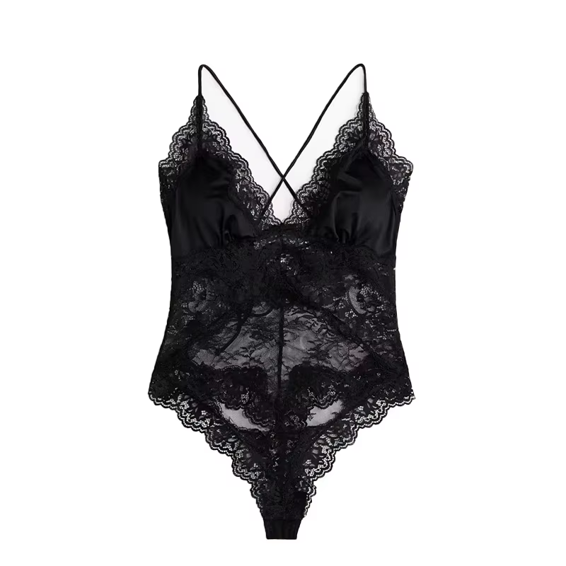Body sexy en dentelle pour femme, col en V, sans manches, dos lacé, haut transparent uni, chic et dé