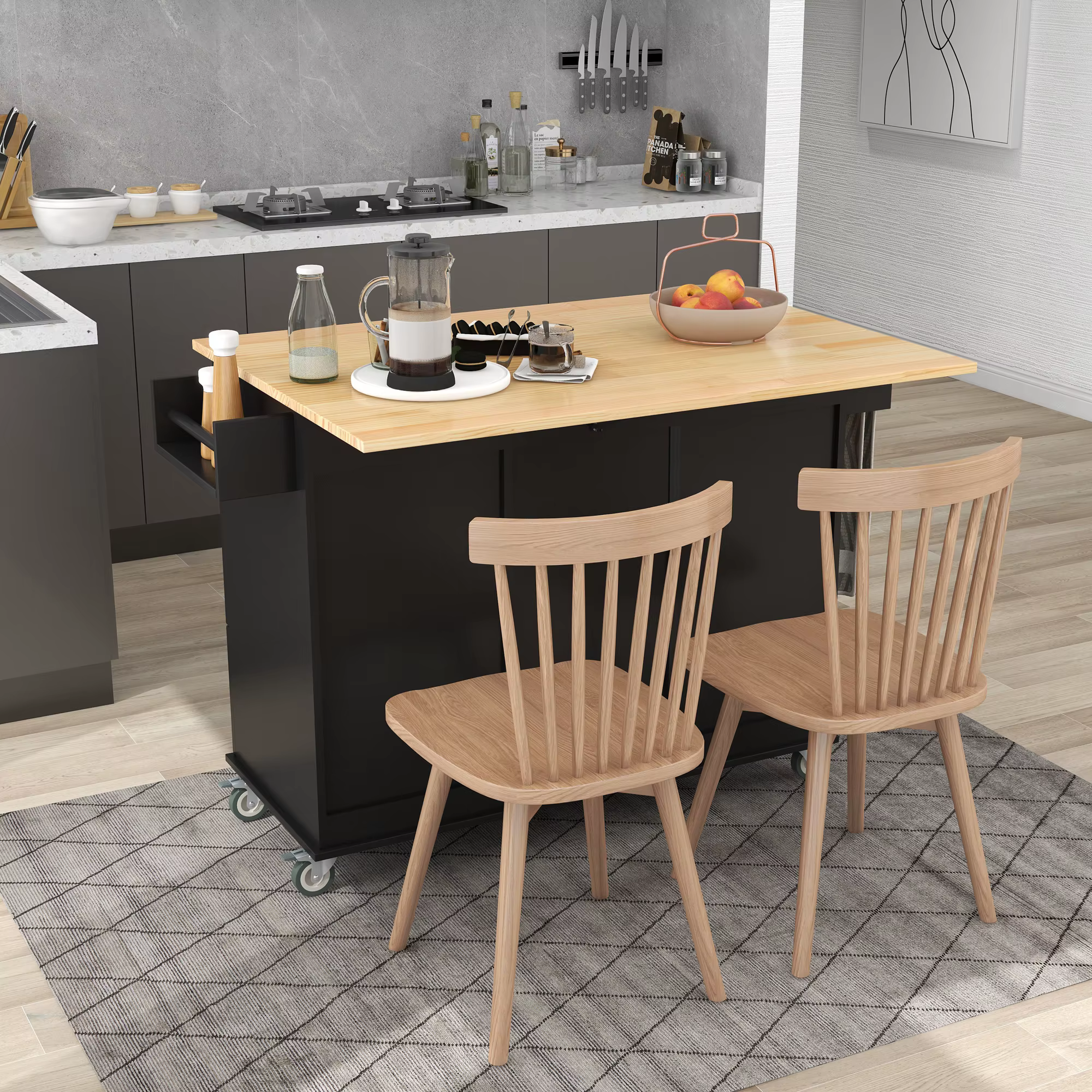Îlot de cuisine mobile roulant avec plateau en bois massif et roues de verrouillage, armoire de rang