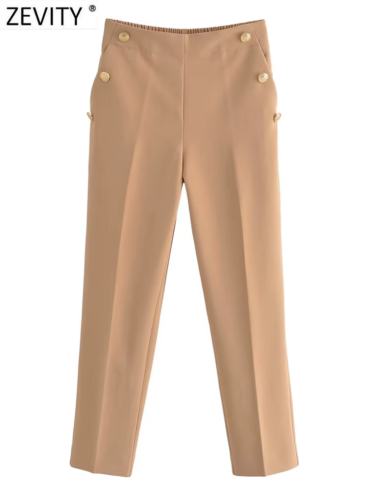Zevity-Pantalon Crayon Décontracté pour Femme, Mode, Solide, Document, lèvent Dorés, Chic, Longueur