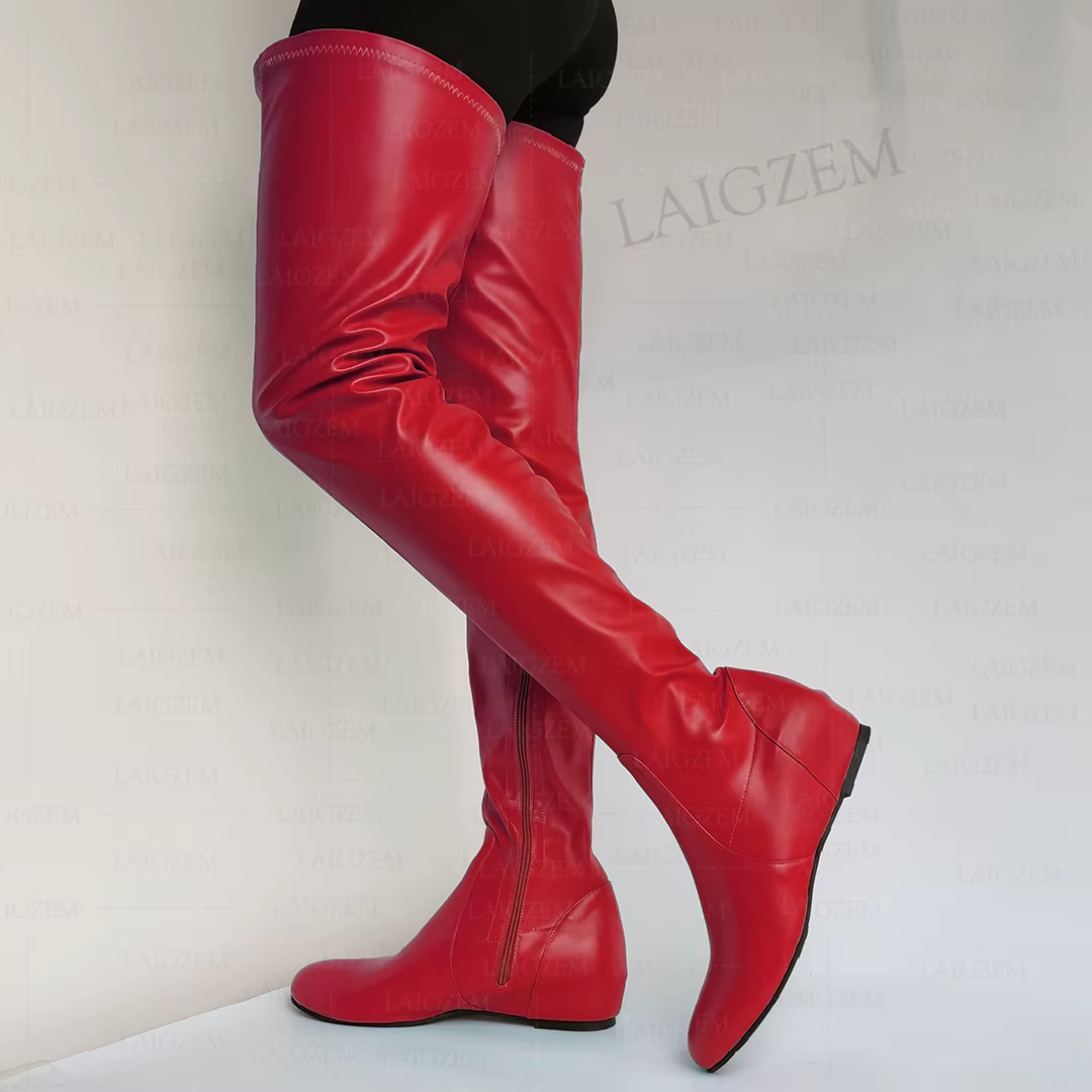 LAIGZEM femmes cuissardes en Faux cuir bout rond fermeture éclair latérale mi talons cachés bottes d