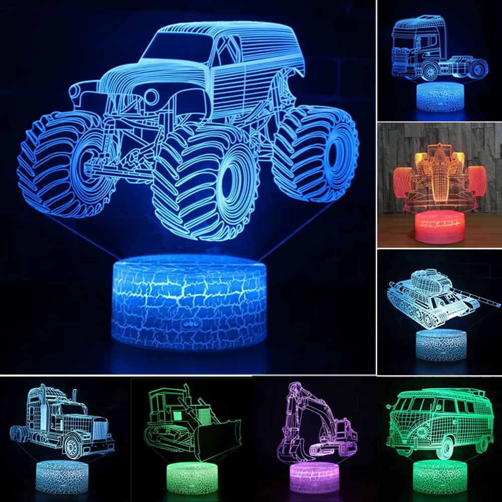 Voiture, camion, tracteur, pelle 3D veilleuse LED tactile Illusion lampe de Table bébé chambre décor
