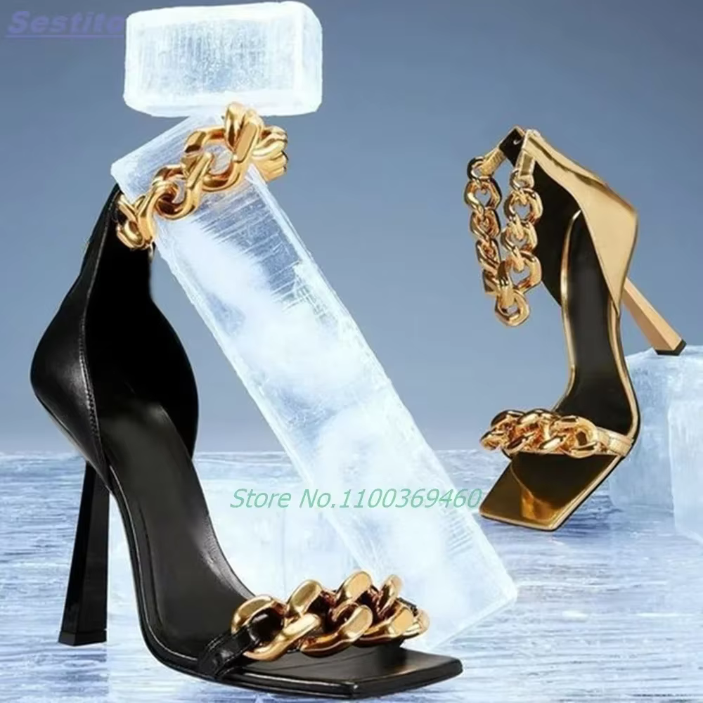 Sandales à talons aiguilles en métal avec chaîne épaisse, bout carré, fermeture éclair arrière, brid