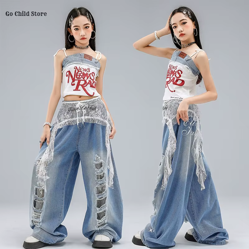 Filles Hip Hop Crop Débardeur Débardeur Déchiré Jeans Enfants K-pop Cami Top Denim Pantalon Street D