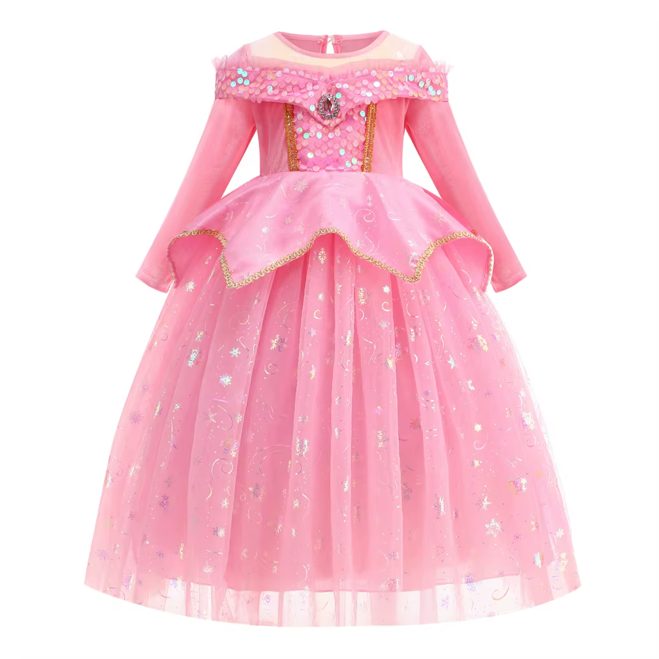 Robe de princesse Aurora pour filles, robe longue en tulle rose à paillettes, couronne, baguette mag