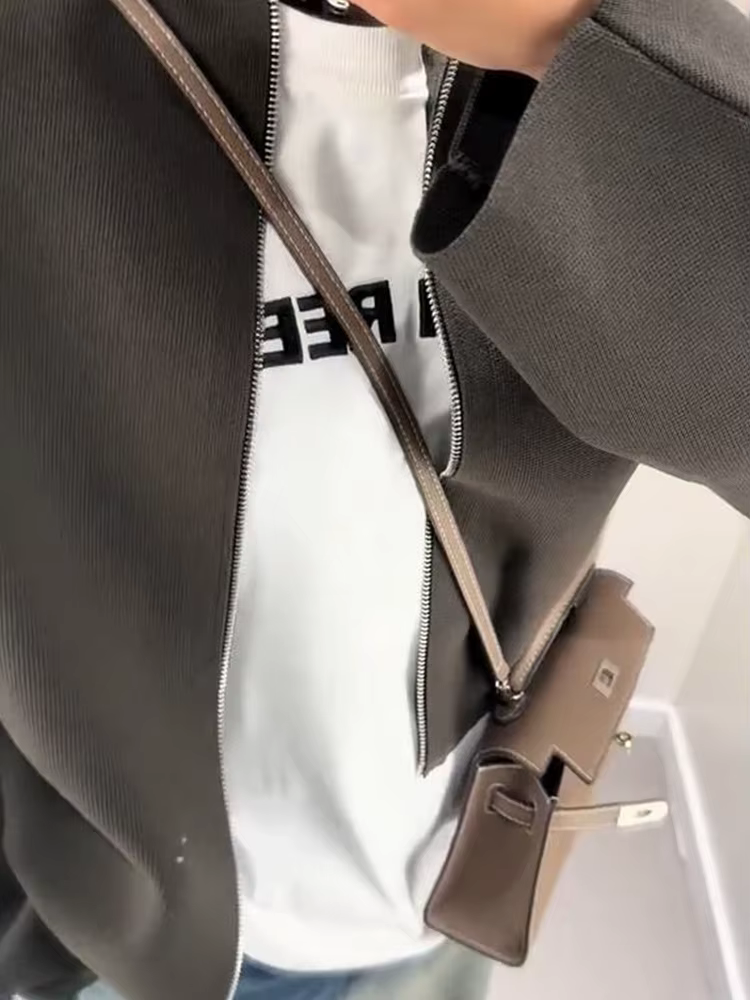 Veste courte en tricot pour femmes, col montant, fermeture éclair, manteau ample à manches longues, 