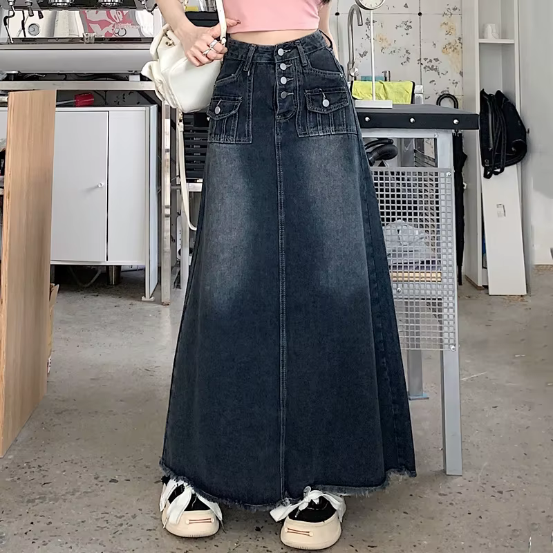 S-5XL Nouveau Vêtement de rue Jupe en jean Printemps Été Mode Ourlet effiloché Poche Taille haute Lo
