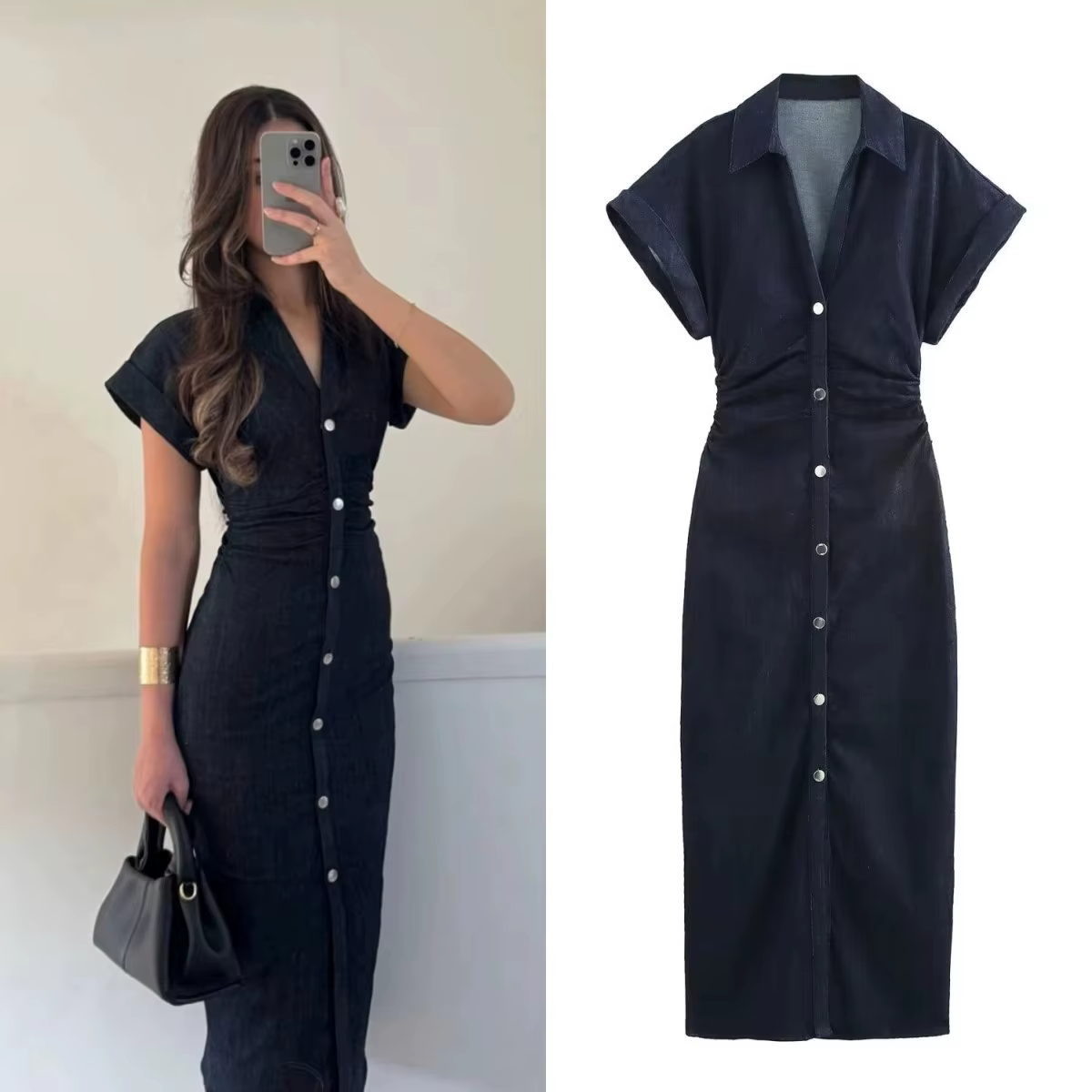 Printemps nouvelle série 1975 denim robe MIDI avec revers côté fermeture éclair mode rides taille mi