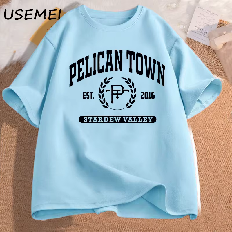 T-Shirt à Manches Courtes en Coton pour Femme, Vêtement Esthétique, Imprimé Pelican Town