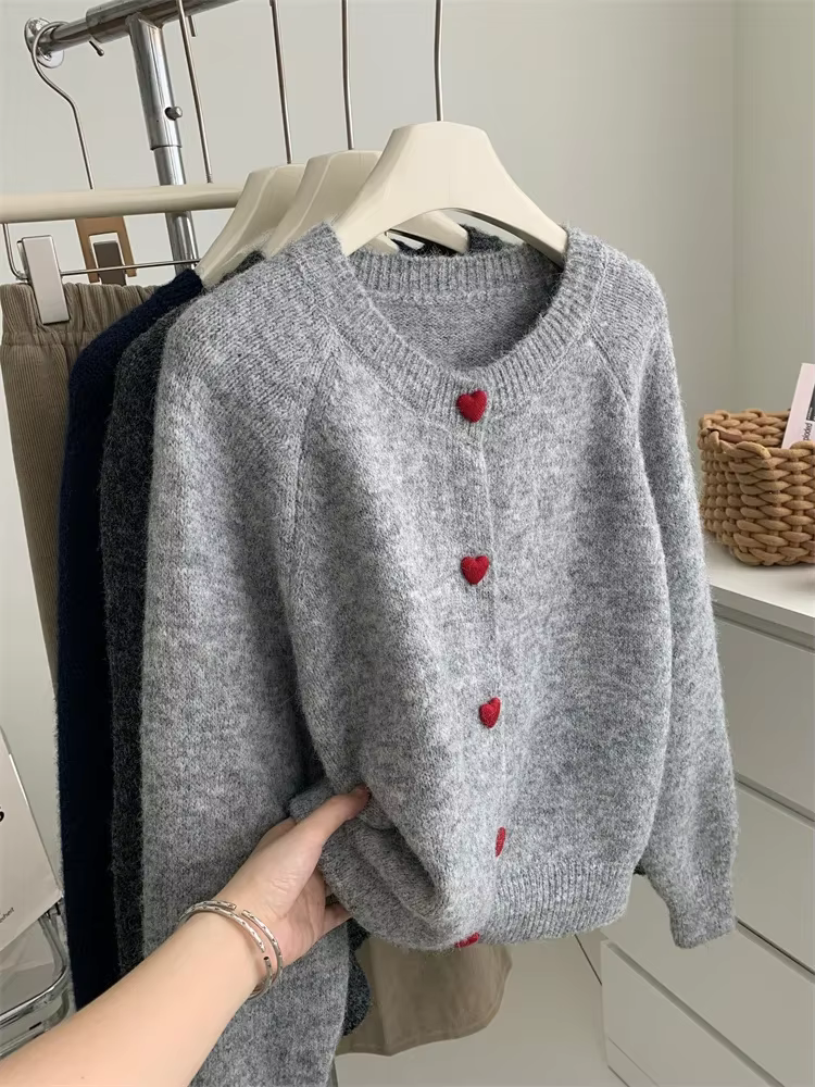 Cardigan tricoté en laine gris foncé pour femmes, automne-hiver, doux et collant, chaud, manches d'é