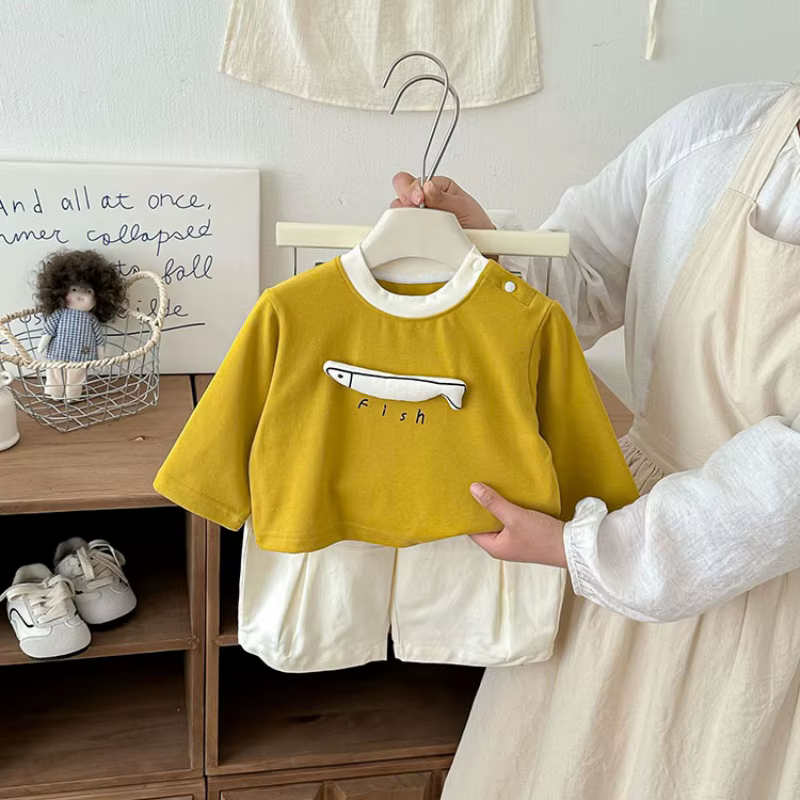 T-shirt à manches longues pour enfants de 6 mois à 4 ans, motif poisson jaune, respirant et doux, po