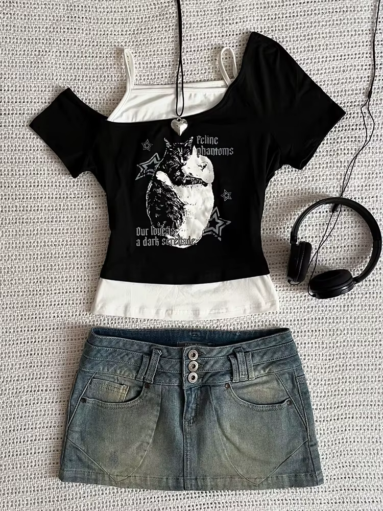 Asthetische Goth Fledermaus Brief Y2K Stil zweitelige T-Shirt Kurzarm Weste Harajuku Streetwear Hose