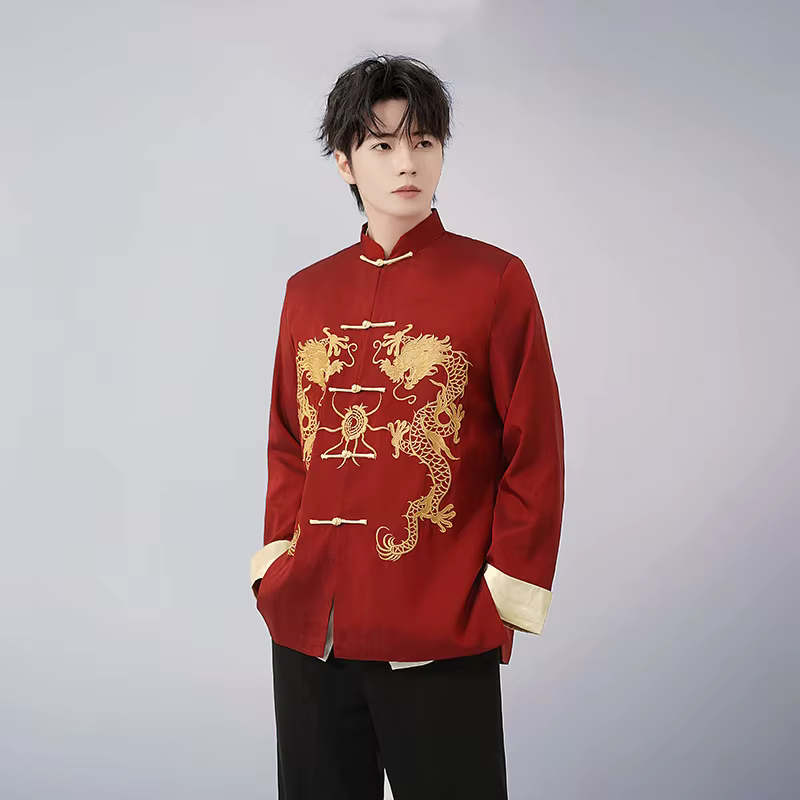 Vêtements Tang noirs pour hommes, veste Kungfu à manches longues, chemise Dragon chinois brodée, gra