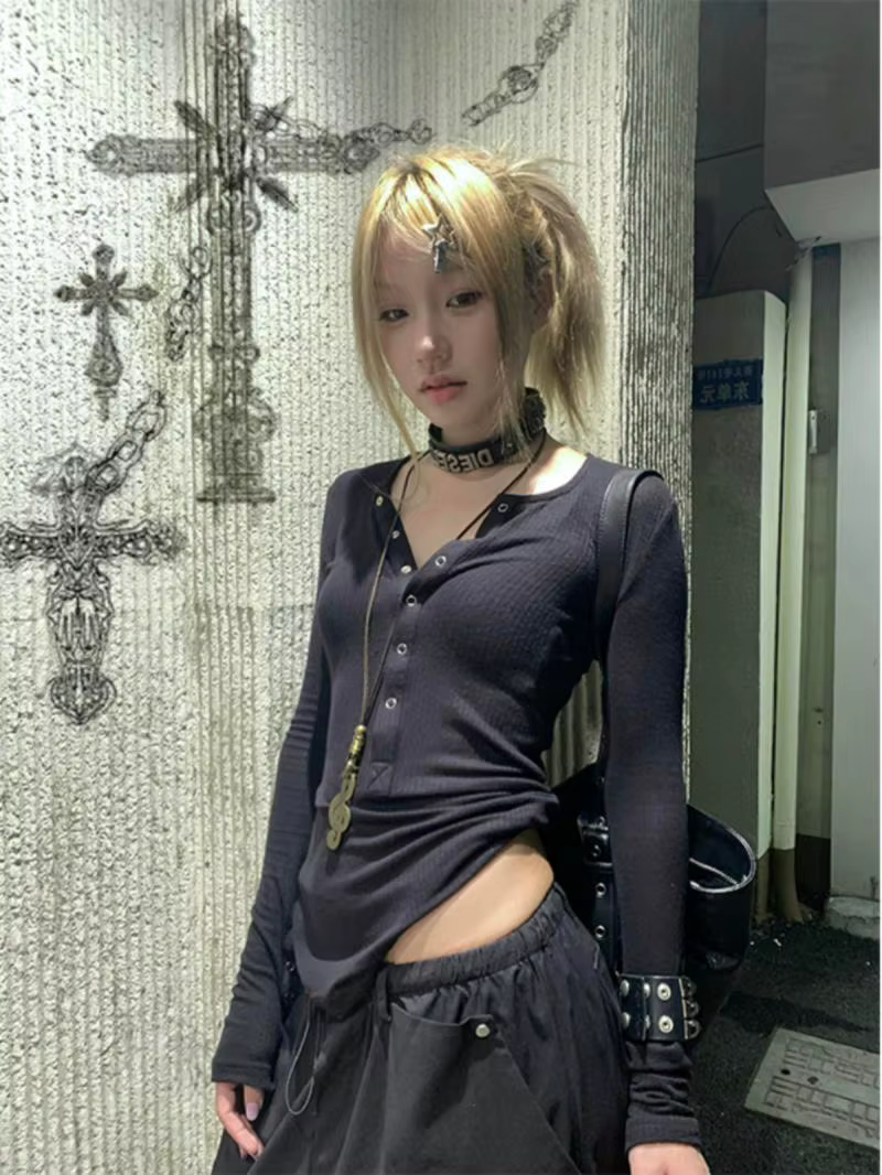 Tonngirls Y2k japonais t-shirt femmes dentelle à manches longues imprimé graphique hauts Streetwear 
