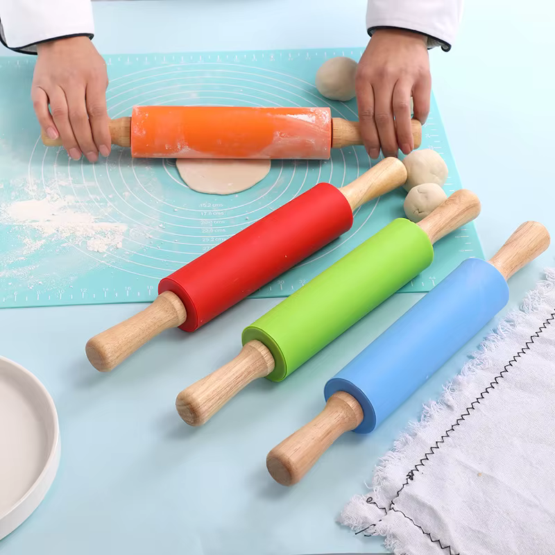Rouleau à pâtisserie en Silicone antiadhésif, manche en bois, pâte à pâtisserie, rouleau à farine, o