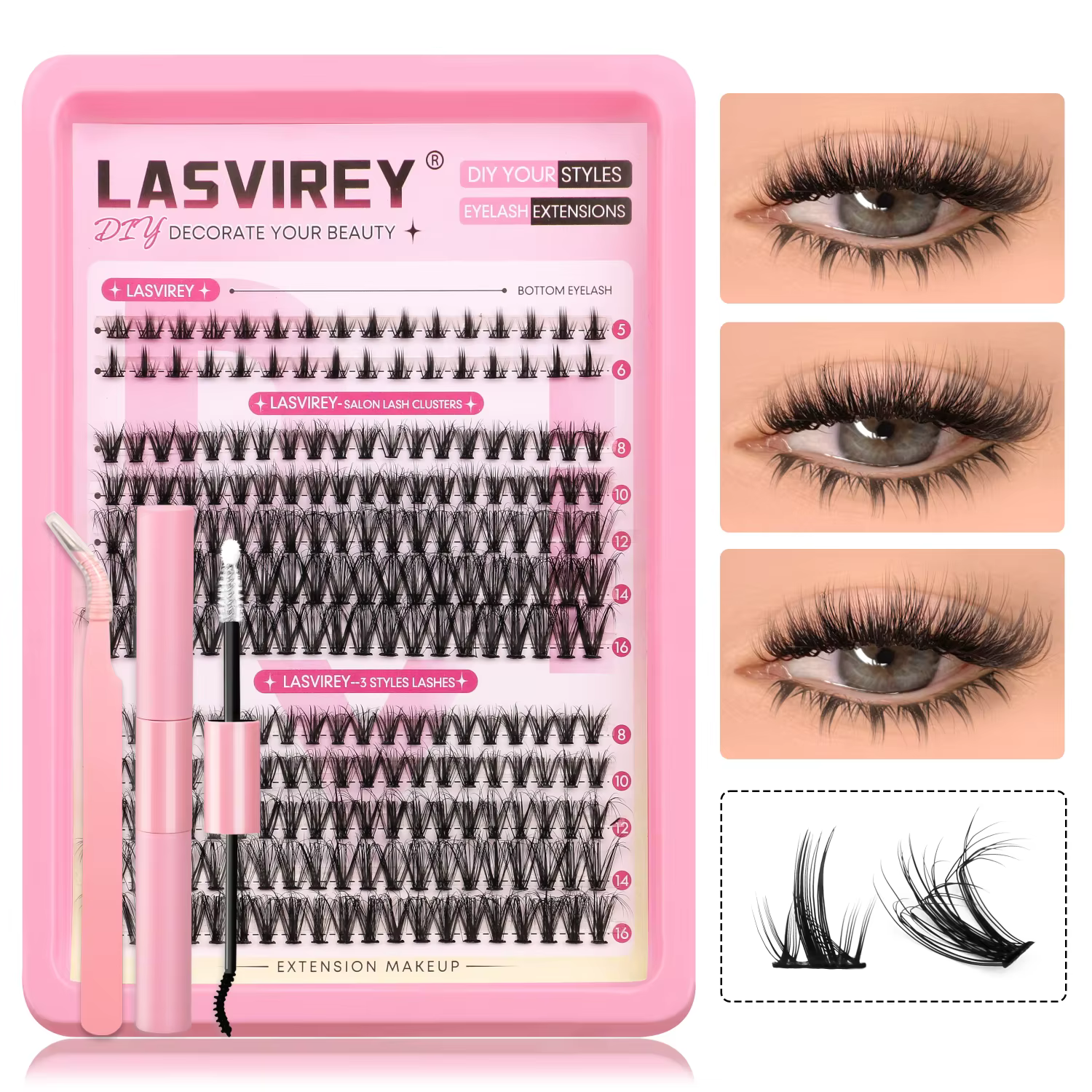 Lasvirey Kit de cils DIY, kit de cils duveteux, cils individuels mixtes avec extensions de cils infé