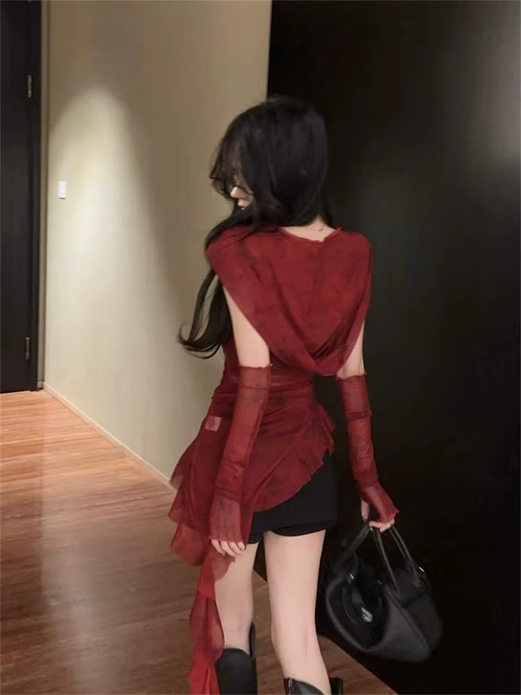 Haut transparent en maille rouge, Streetwear, T-shirt à capuche, manches longues à volants irrégulie