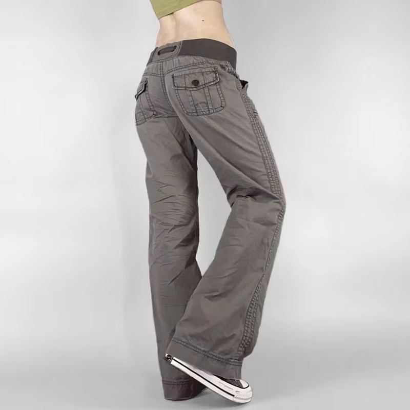 Pantalon rétro à lacets taille basse pour femme, streetwear, patchwork, décontracté, Harajuku, droit
