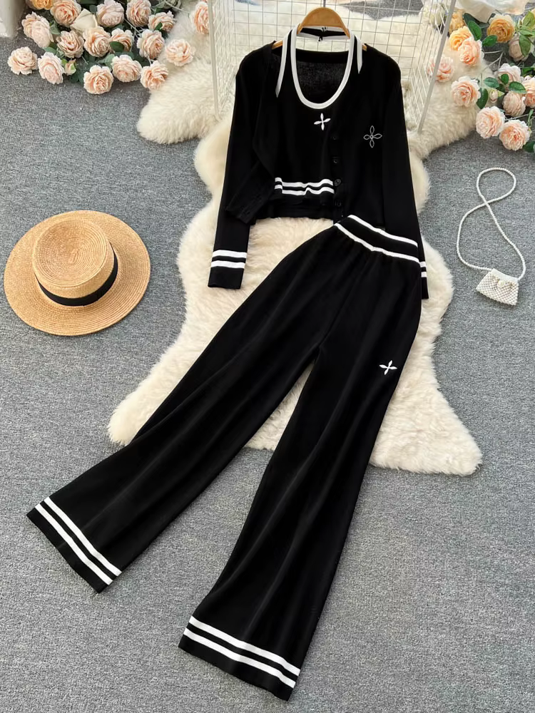 Streetwear tricoté ensemble 3 pièces pour femmes, Cardigan à manches longues manteau + Camisole + pa