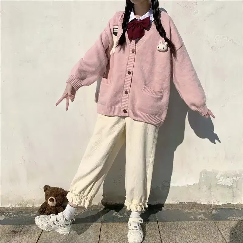 Pantalon en velours côtelé de style japonais pour femme, bouffant droit décontracté, rose, doux, mig