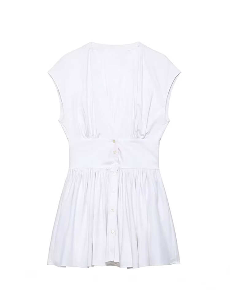 TFMLN Robe Courte Chemise Tendance pour Femme, Coupe Slim Décontractée, Manches Courtes, Col en V, B