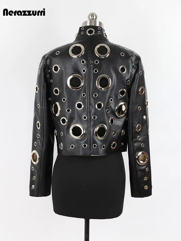 Nerazzurri-Veste courte en cuir PU évidée pour femme, Rivet, Cool mn fraîchement Designer Clothes, R