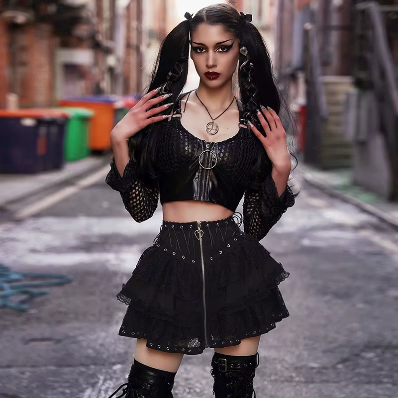 Jupe taille haute vintage punk pour femmes, fermeture éclair sur le devant, style japonais Kawaii, H