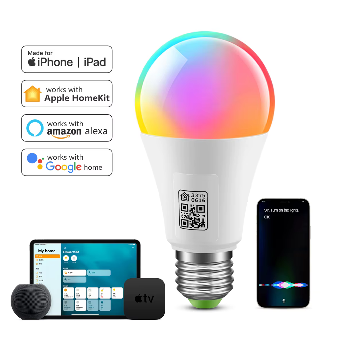 Certifié MFI Homekit LED ampoule Wifi intelligente E27 lampe intelligente multicolore ampoule LED à 