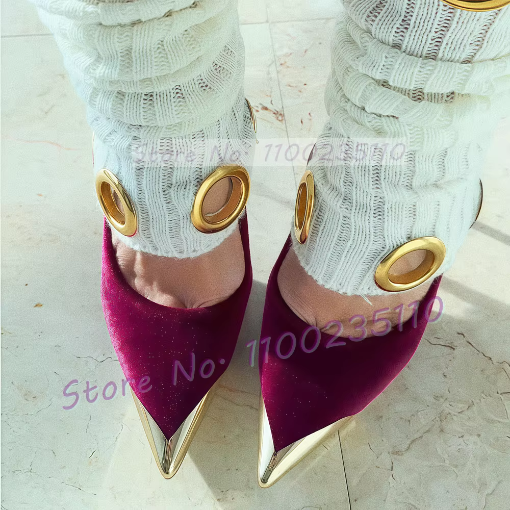 Escarpins à bout pointu en velours Fuchsia pour femmes, chaussures Sexy à talons aiguilles bicolores