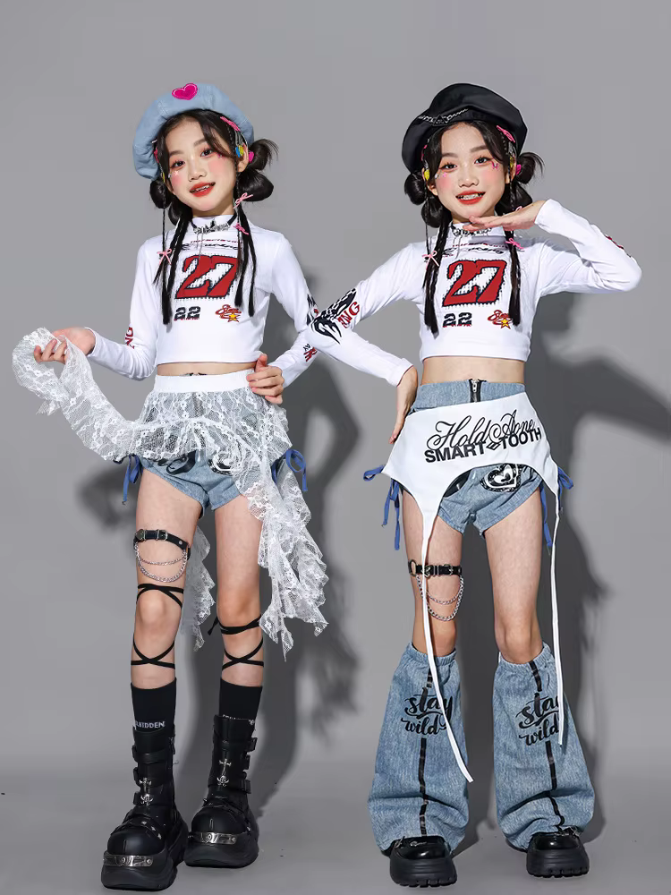 Vêtements de danse Kpop pour filles, tenue de spectacle de jazz sur scène, haut court blanc, short e