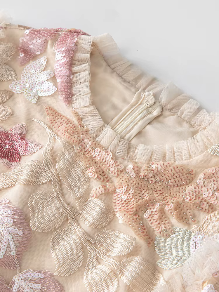 DSXDFACAIRIJ femmes paillettes fleur broderie col rond manches évasées à volants Vintage robe de bal