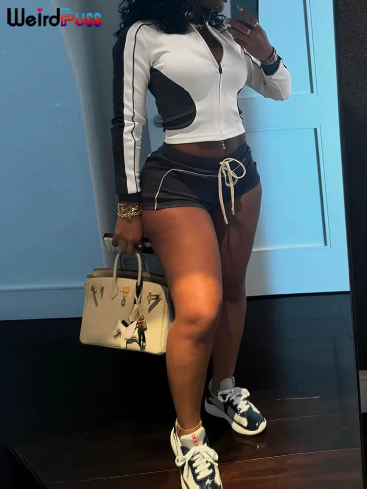 Bizarre Puss décontracté sportif 2 pièces ensemble femmes automne tendance Zip Hipster Patchwork ves