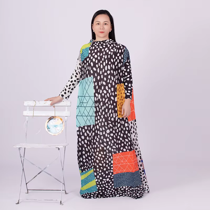 Robe plissée léopard à manches longues et col rond pour femmes, vêtements élégants pour documents, s