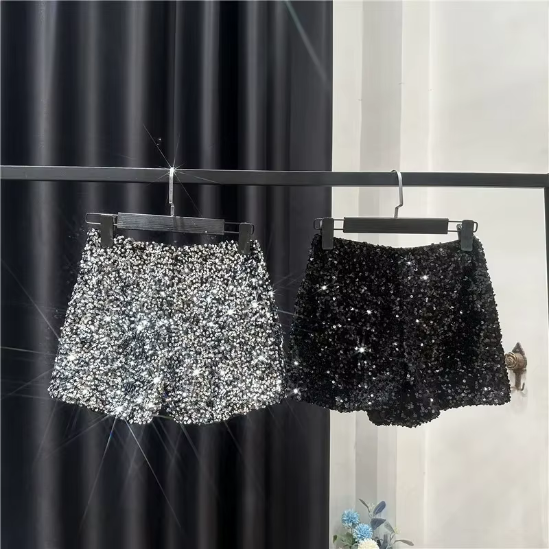 Short en Velours Noir pour Femme, Pantalon Court Polyvalent Brcorporelle à Paillettes, Nouvelle Coll