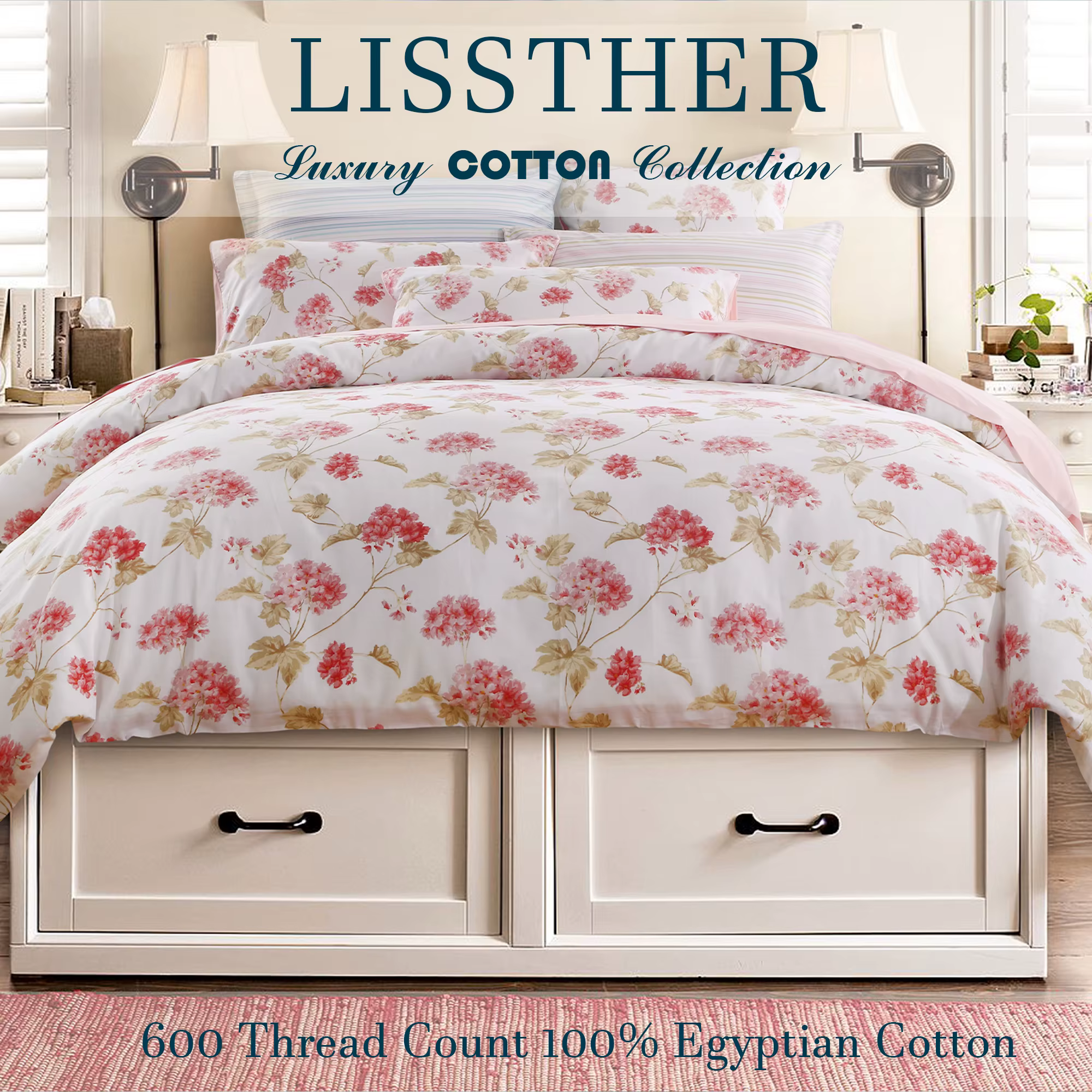 Ensemble de housse de couette 100% coton égyptien 600TC, 3 pièces, Floral de printemps rose Shabby C