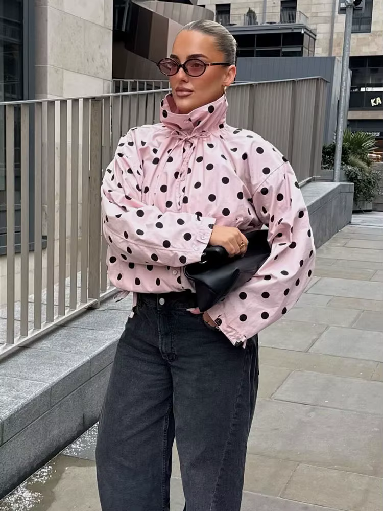 HH Tendance Printemps 2026 Manteaux Roses à Pois pour Femme, Col Roulé, Manches Longues, Boutons, St