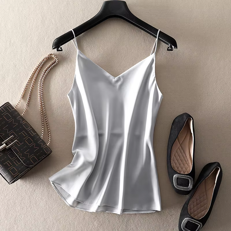 Haut court d'été femmes Camis soie Satin débardeur femmes Camisole sans manches gilet Roupas Femin r