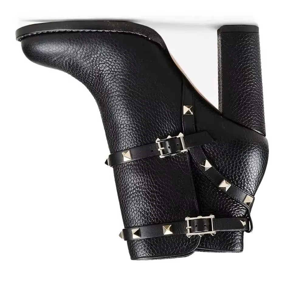 Bottines à rivets en cuir véritable pour femme, bottes courtes à talons épais et bout rond avec bouc