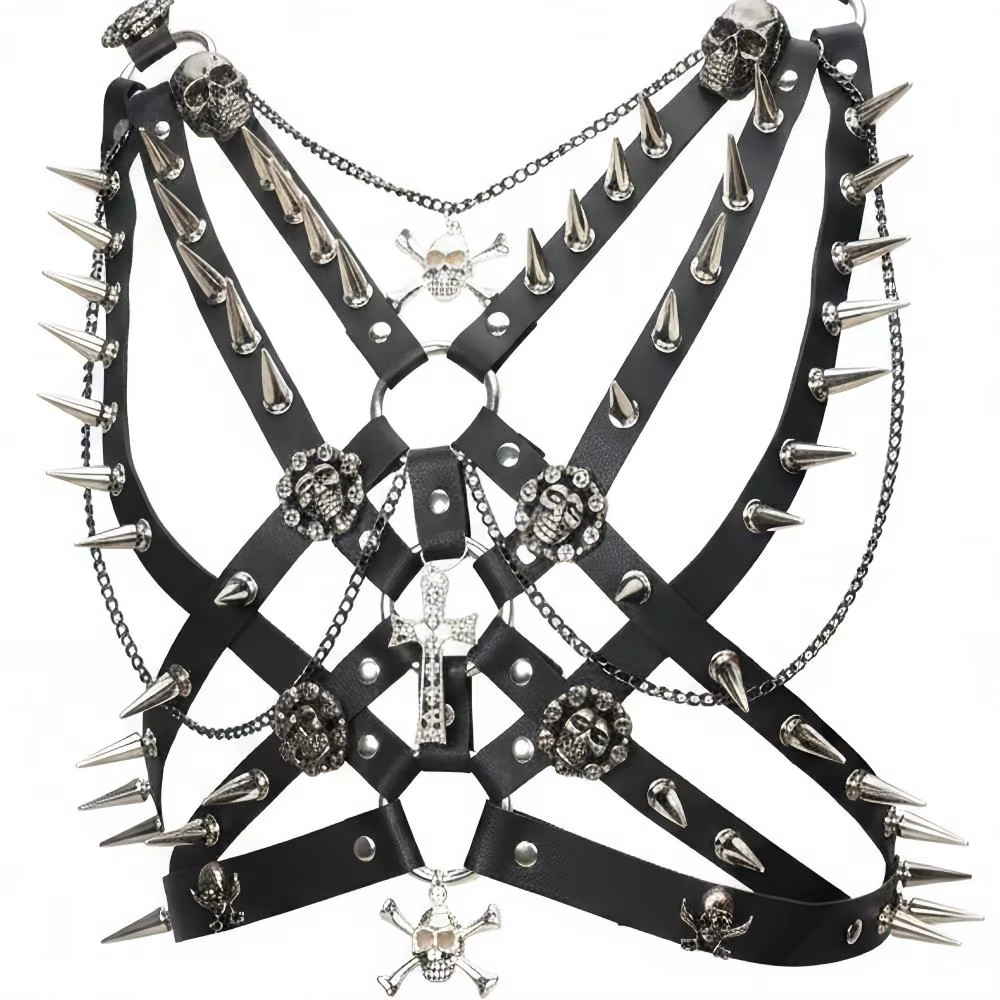 Haut Gothique Punk Rock pour Femme avec Crânes et Clous, Chaîne Croisée, Style Y2K, Halter, Vêtement