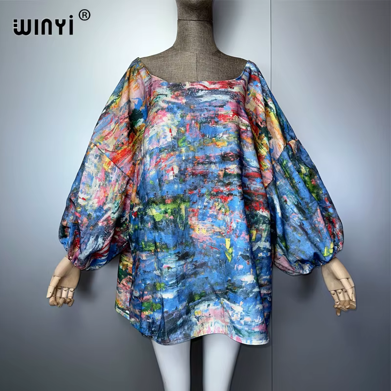 WINYI Original imprimé manches bulles denim robes mode afrique femmes vacances décontracté Maxi robe