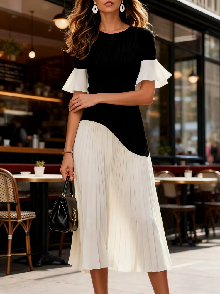 Robe Midi Contraste Noir et Blanc Freeacy 2026 Nouvelle Collection pour Femme, Manches Mi-Longues, C