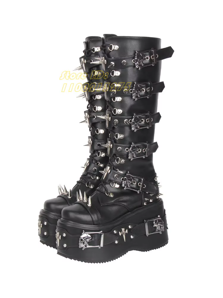 Bottes hautes à rivets et lanières, style punk, talon épais, fermeture éclair, bout rond, plateforme