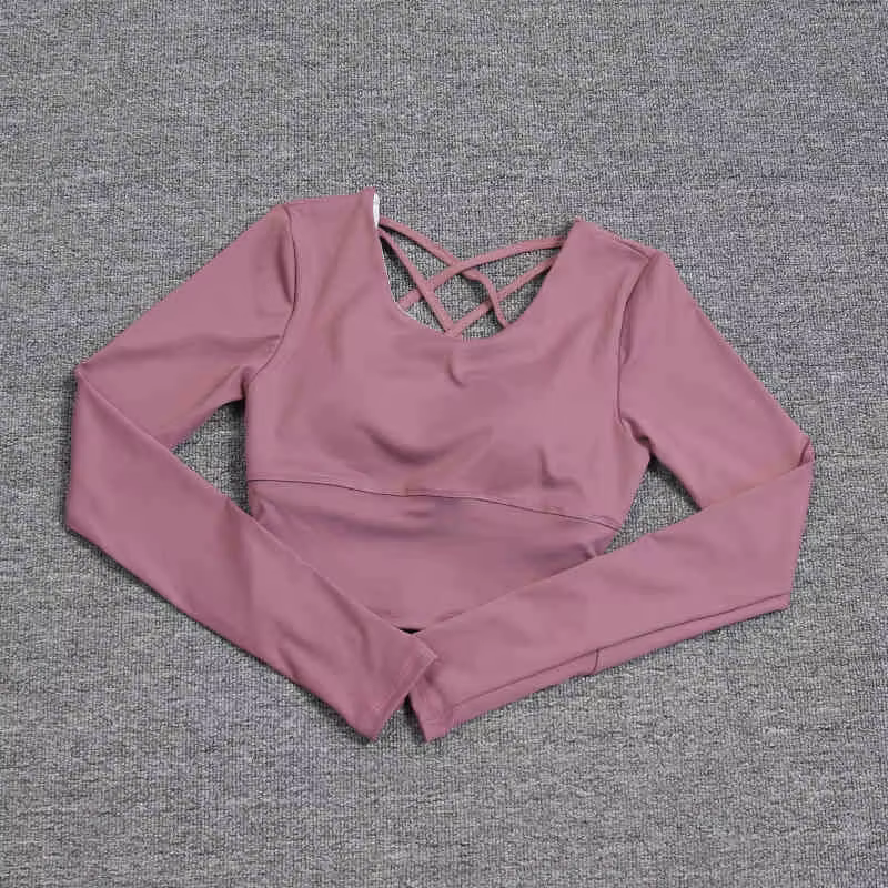 Dos creux pour femme avec soutien-gorge intégré, haut de yoga à manches longues, soutien-gorge une p