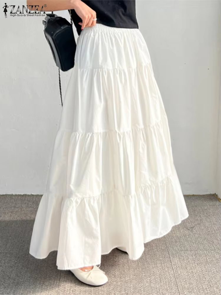 ZANZEA-Jupe Maxi à Plusieurs Niveaux pour Femmes, Taille artificiel astique, Décontracté, Solide, Do
