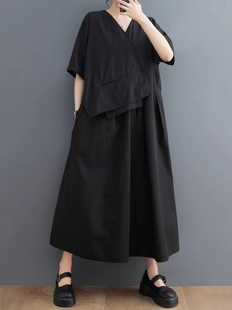 Robe longue décontractée kaki vintage patchwork à manches courtes pour femme, style coréen, nouvelle