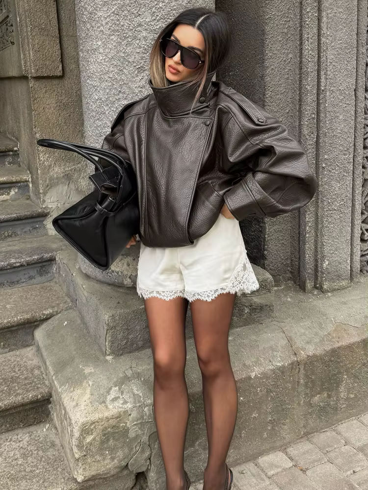 HH Veste en similicuir pour femme Printemps Automne 2026, style motard vintage oversize, coupe ample