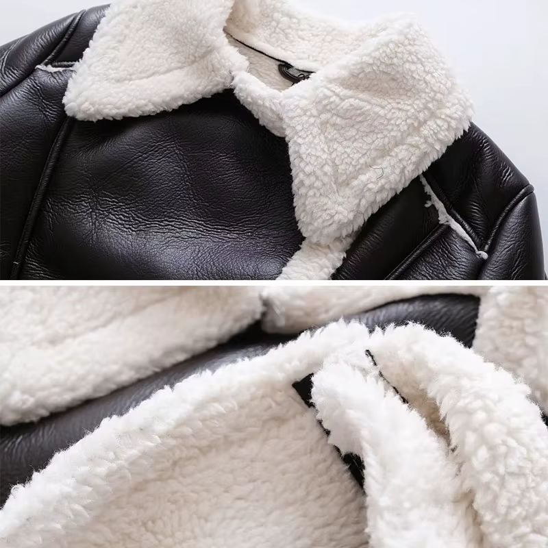 Vestes Courtes en Faux Cuir d'Agneau pour Femme, Fourrure, Fermeture Éclair, Chaud, Vintage, Automne